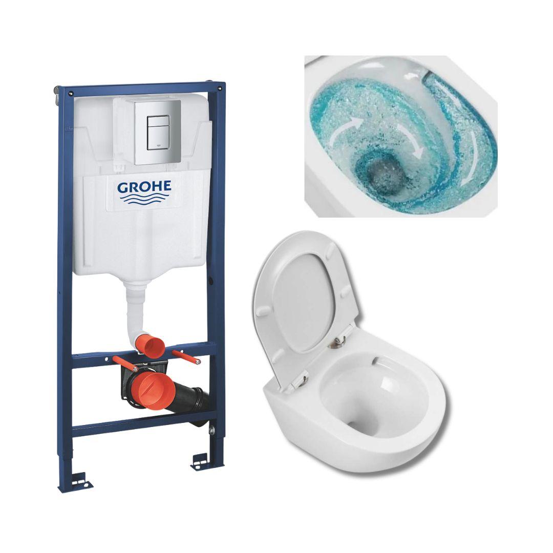 Готовый комплект 4 в 1 Инсталляция GROHE RAPID 38772001+ подвесной унитаз ASUA Armatür Rifel (485*360*320 мм) безободковый с сиденьем