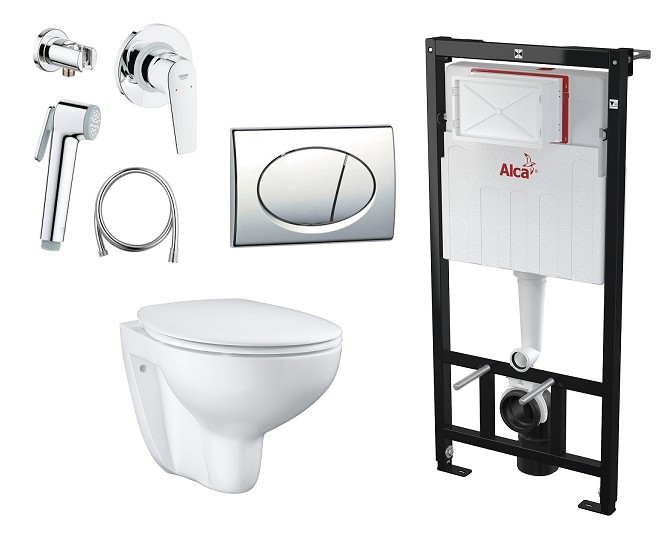 Набор AlcaPlast+Grohe 5в1 K 21100601: инсталляция Sadromodul с кнопкой Alca, унитаз с сиденьем и гиг.душ BauFlow